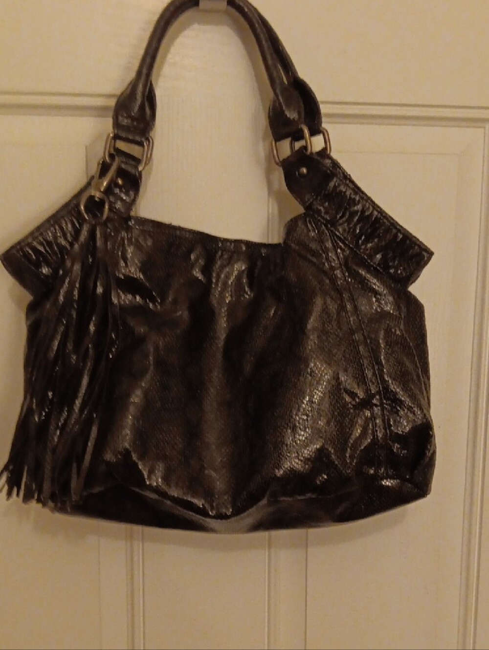 Glossy Black Fringe Shoulder Bag for Women